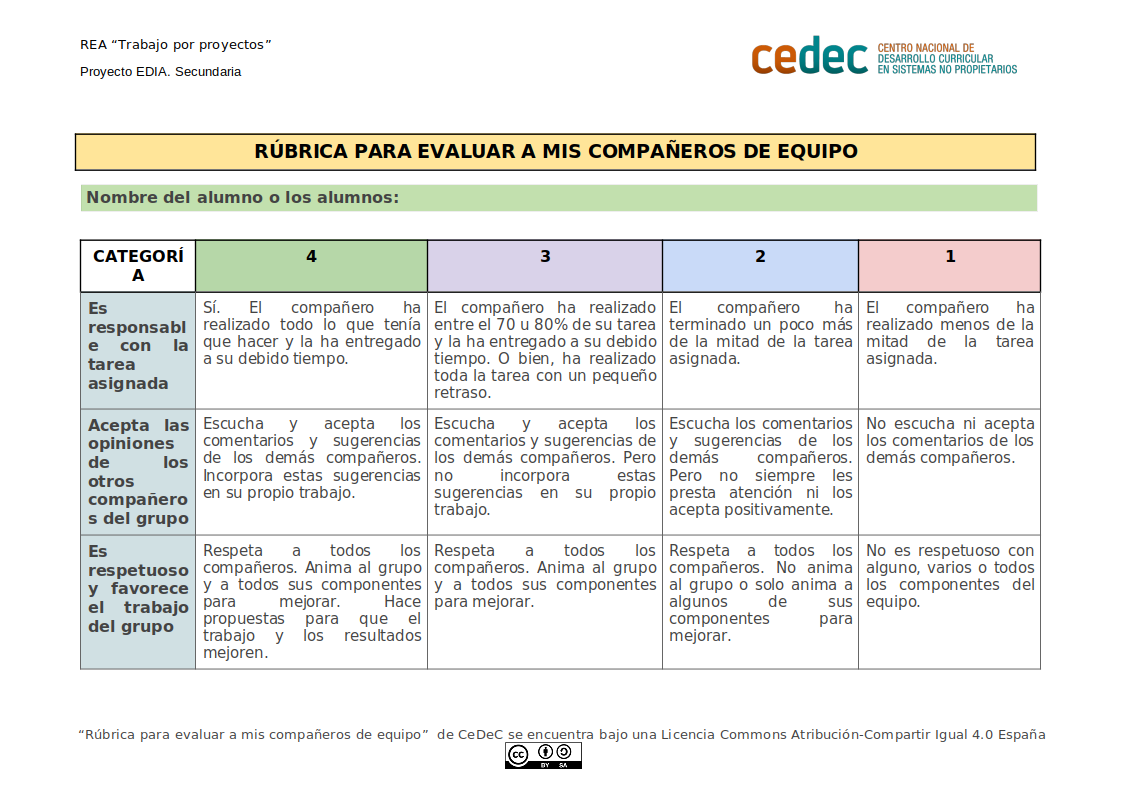 Imagen de Rúbrica para evaluar a los compañeros de equipo