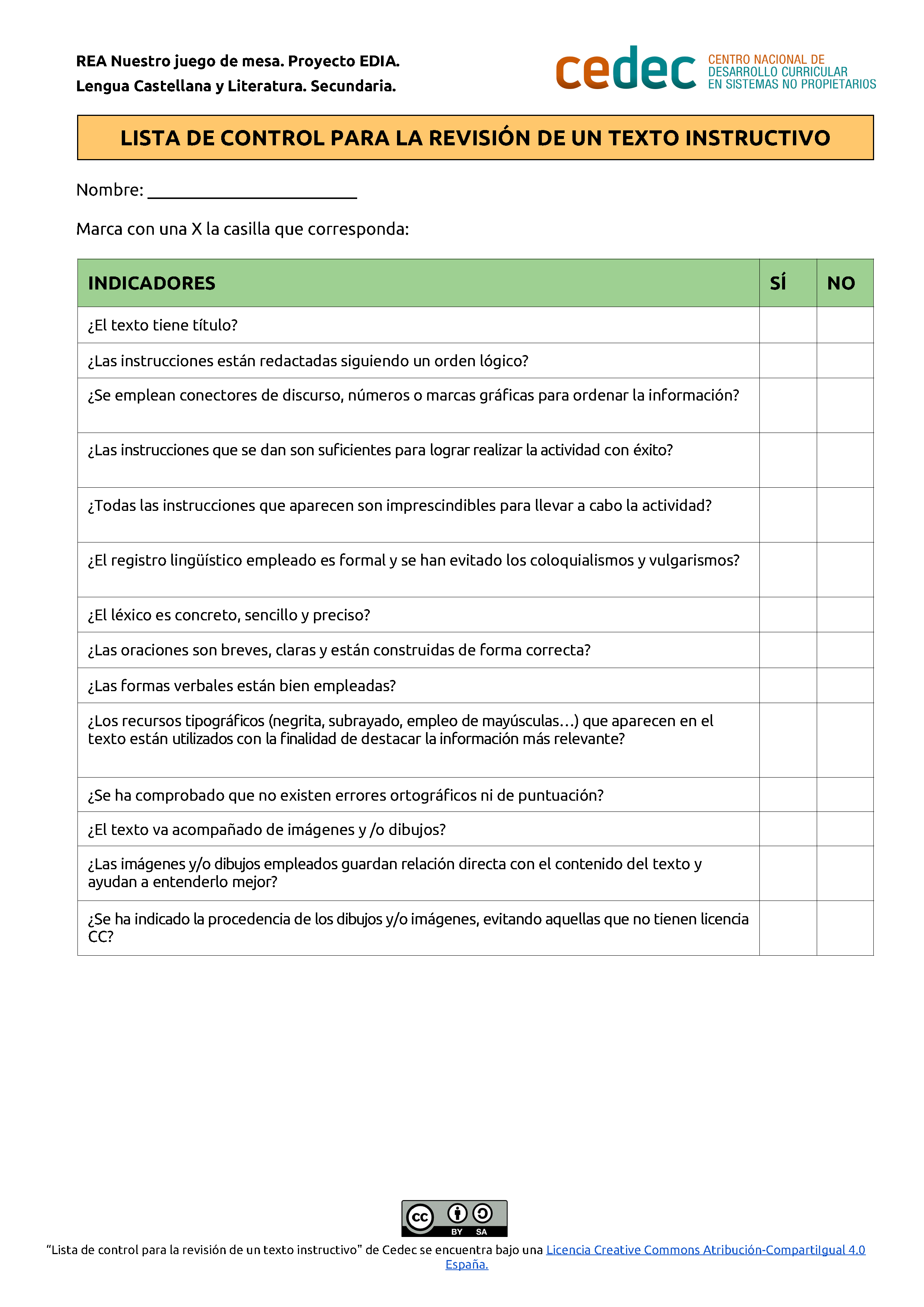 Imagen de Lista de control para la revisión de un texto instructivo