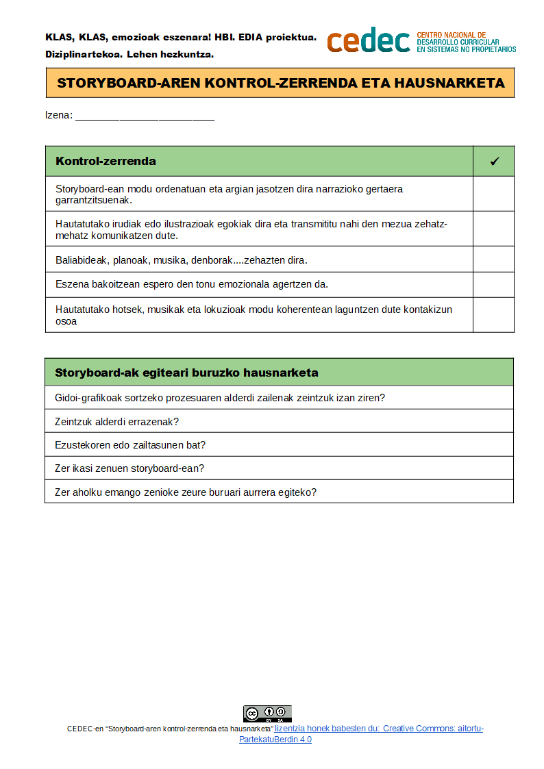 Imagen de Storyboard-aren kontrol-zerrenda eta hausnarketa