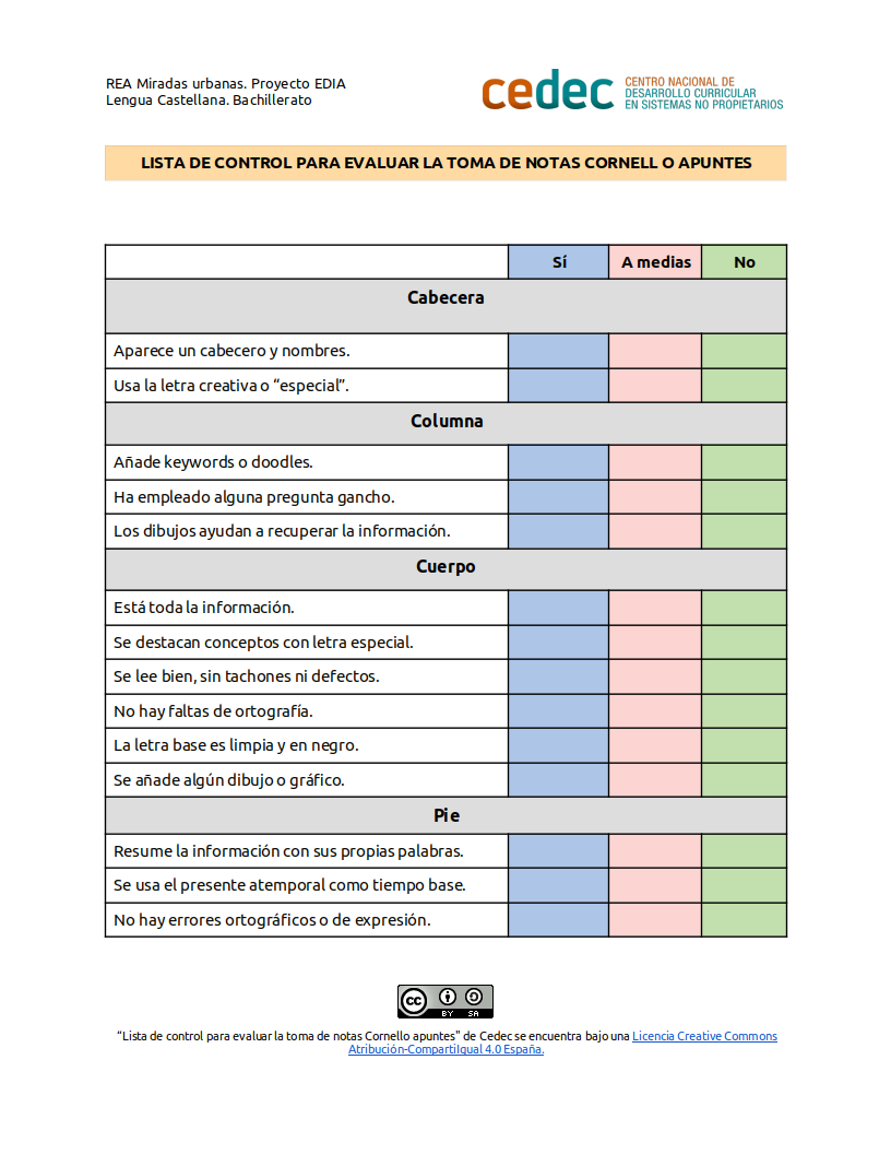 Imagen de Escala verbal para evaluar la toma de notas Cornell o apuntes