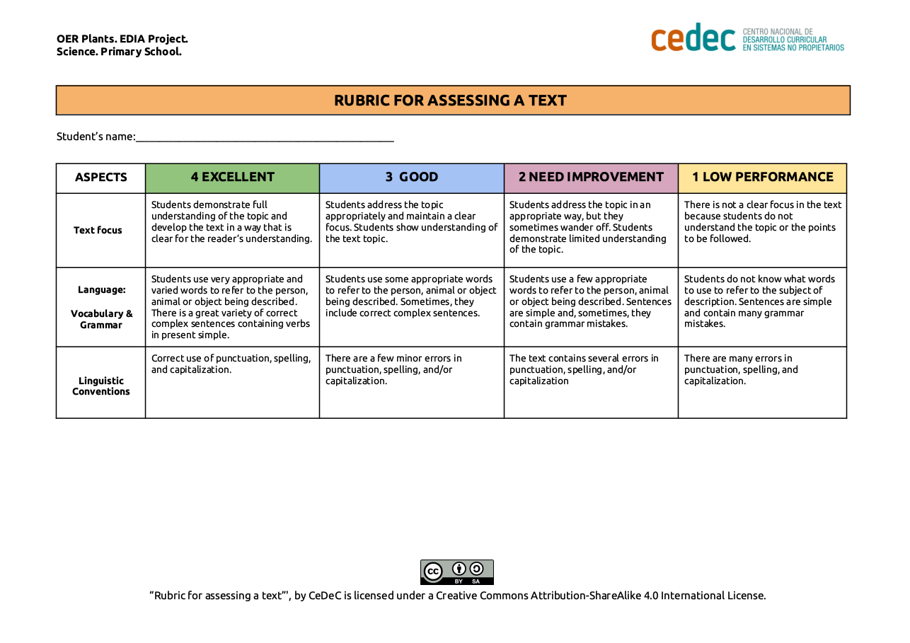 Imagen de Rubric to assess a text
