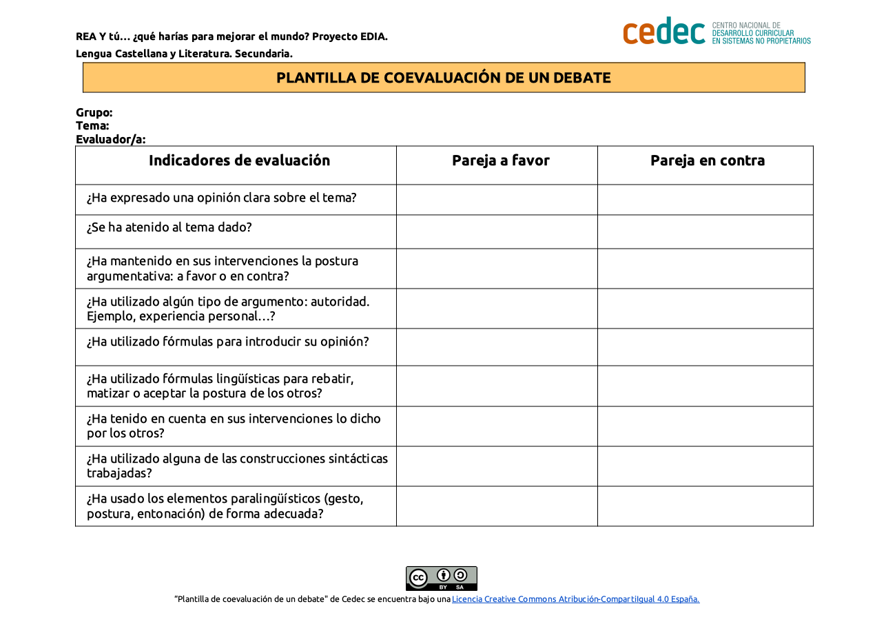 Imagen de Plantilla coevaluación de un debate