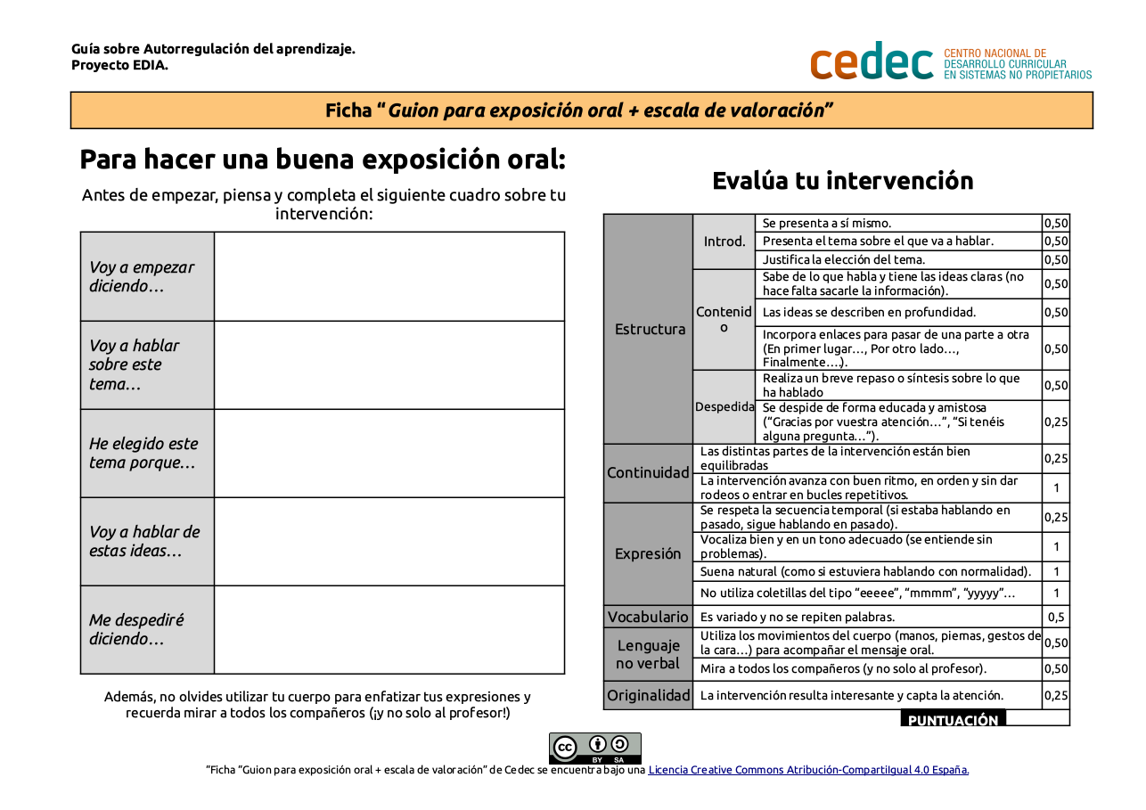 Imagen de Ficha Exposición oral + escala de valoración