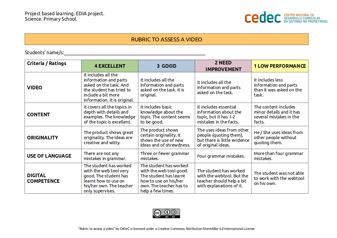 Imagen de Rubric to assess a video