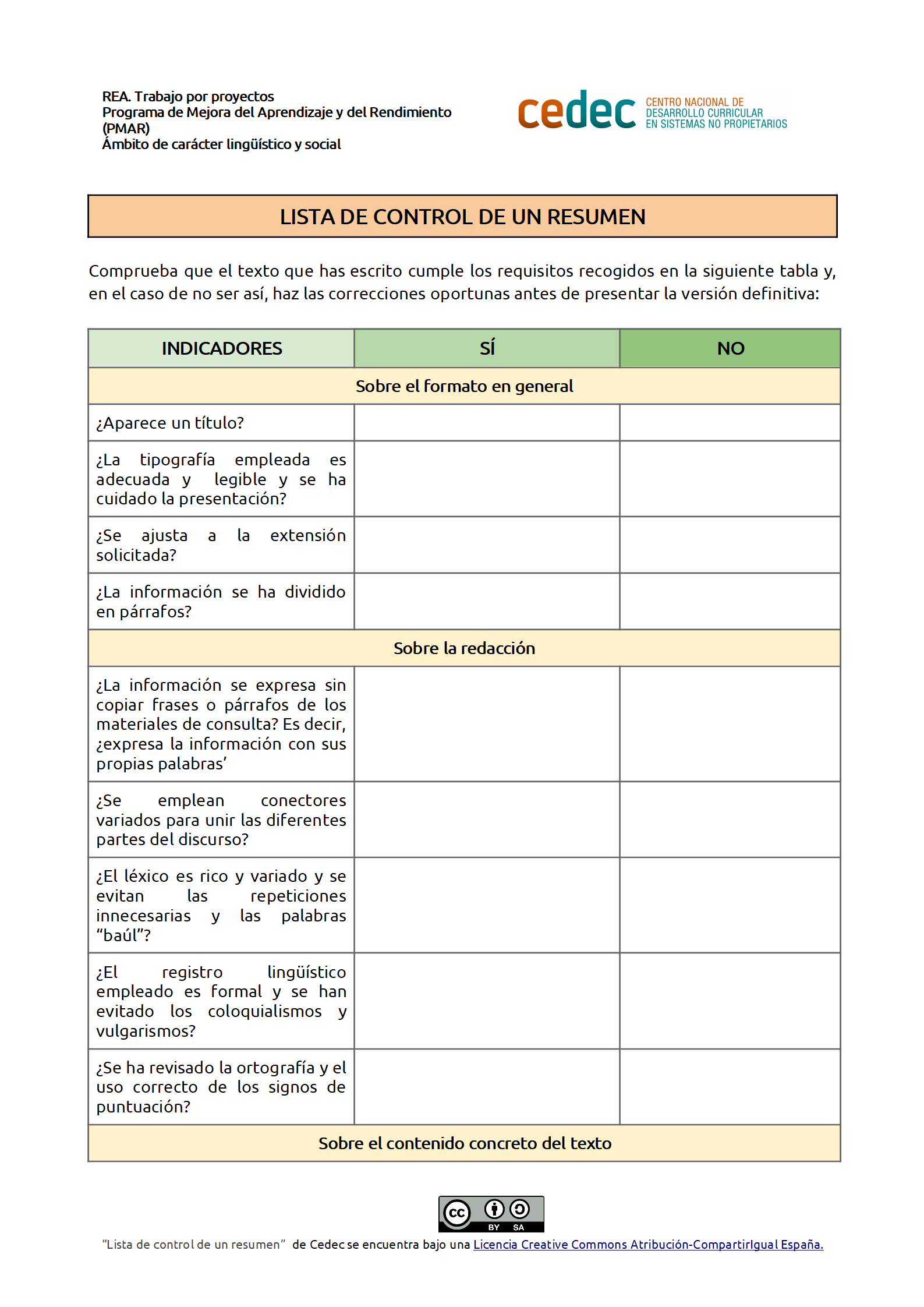 Imagen de Lista de control de un resumen cooperativo