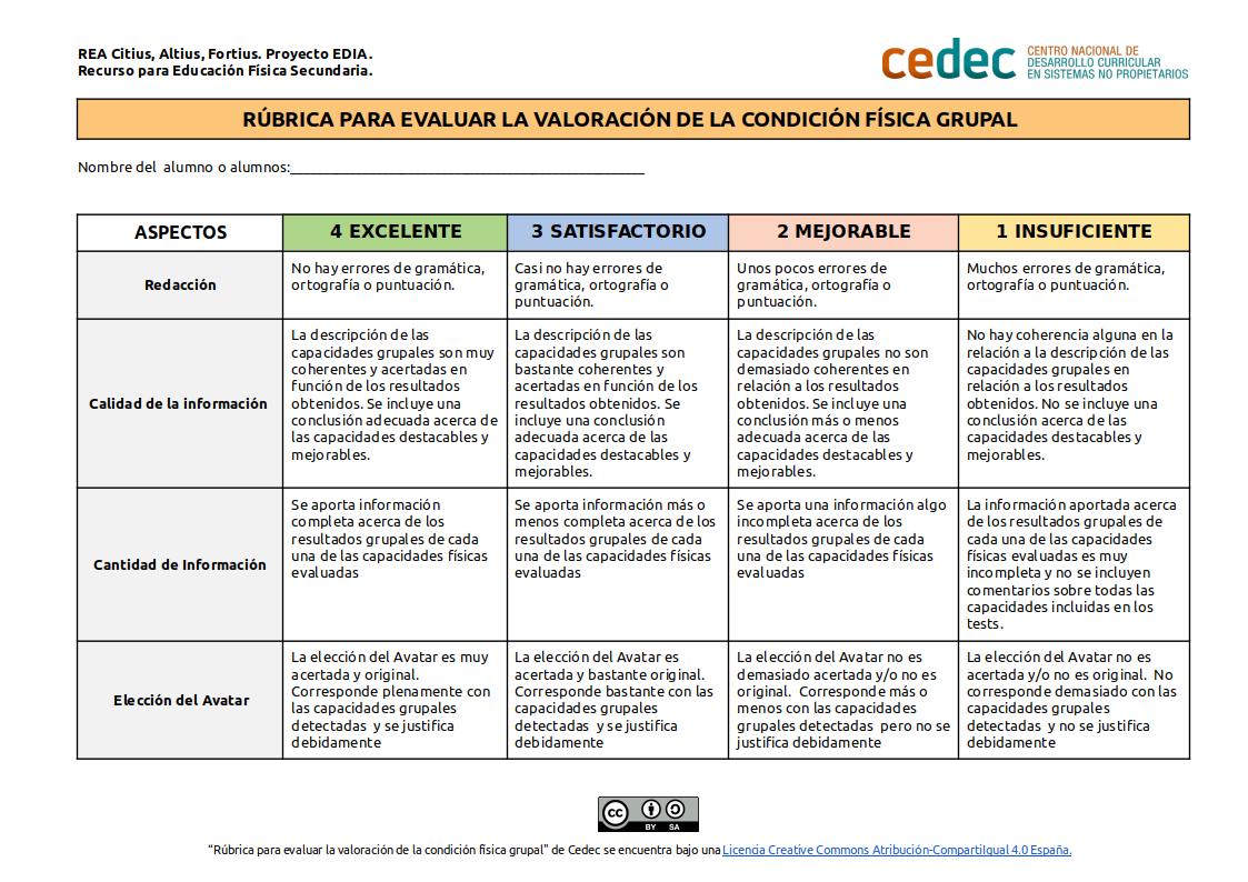 Imagen de Rúbrica para evaluar la valoración de la condición física grupal