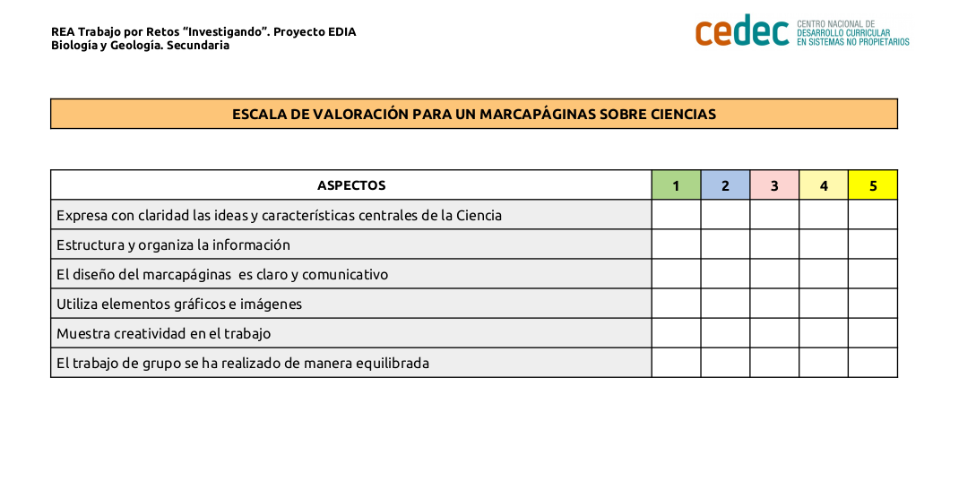 Imagen de Escala de valoración para un Marcapáginas sobre ciencias