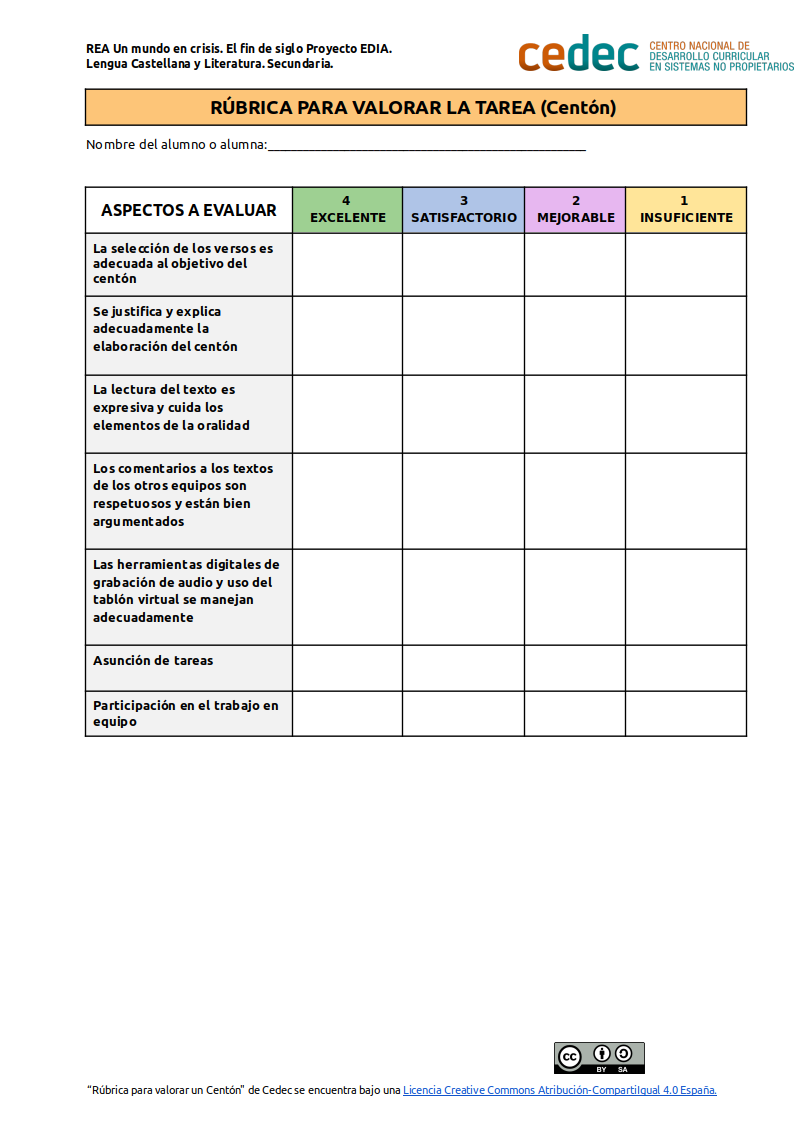Imagen de Rúbrica para evaluar un Centón