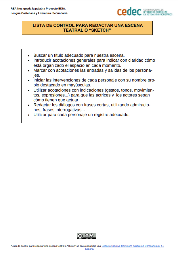 Imagen de Lista de control para redactar una escena teatral o «sketch»