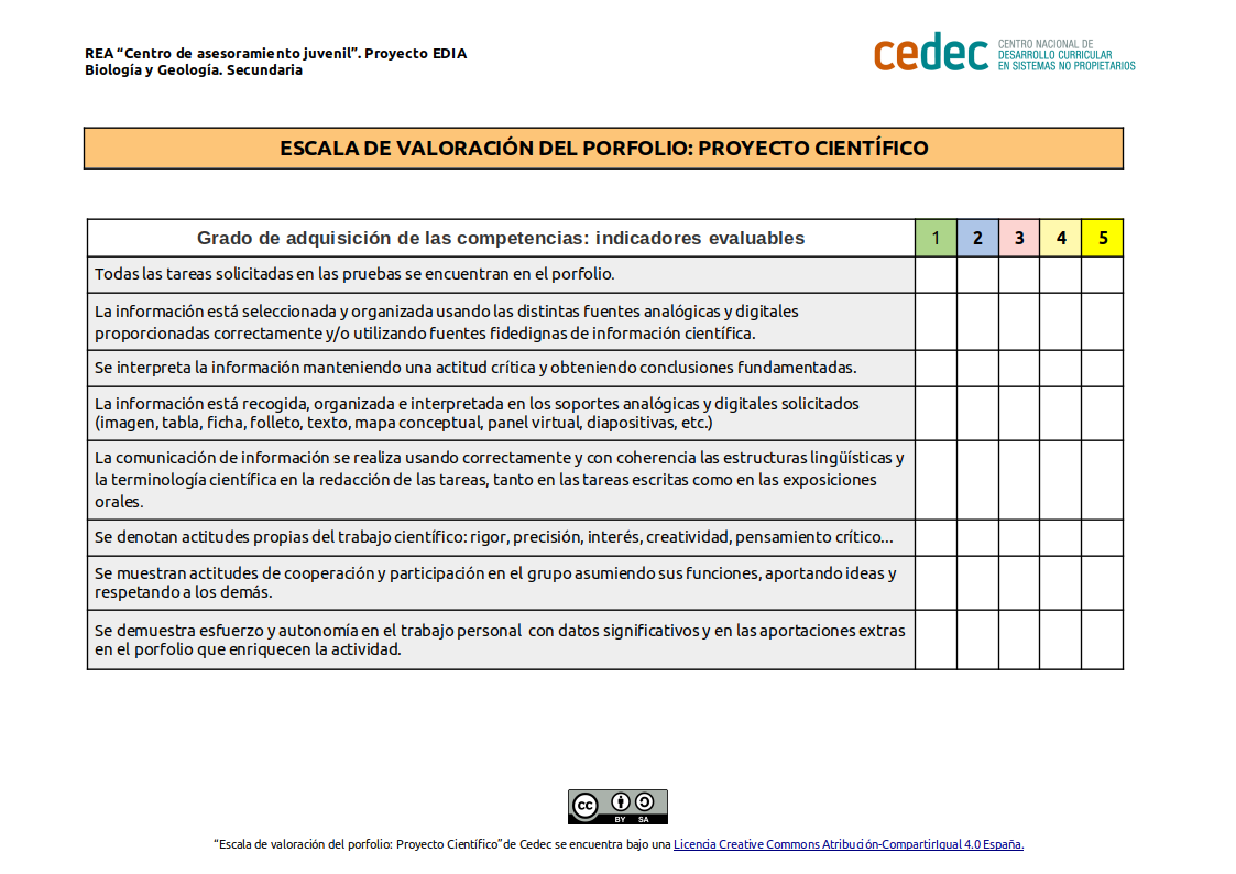 Imagen de Escala de valoración del porfolio: Proyecto Científico