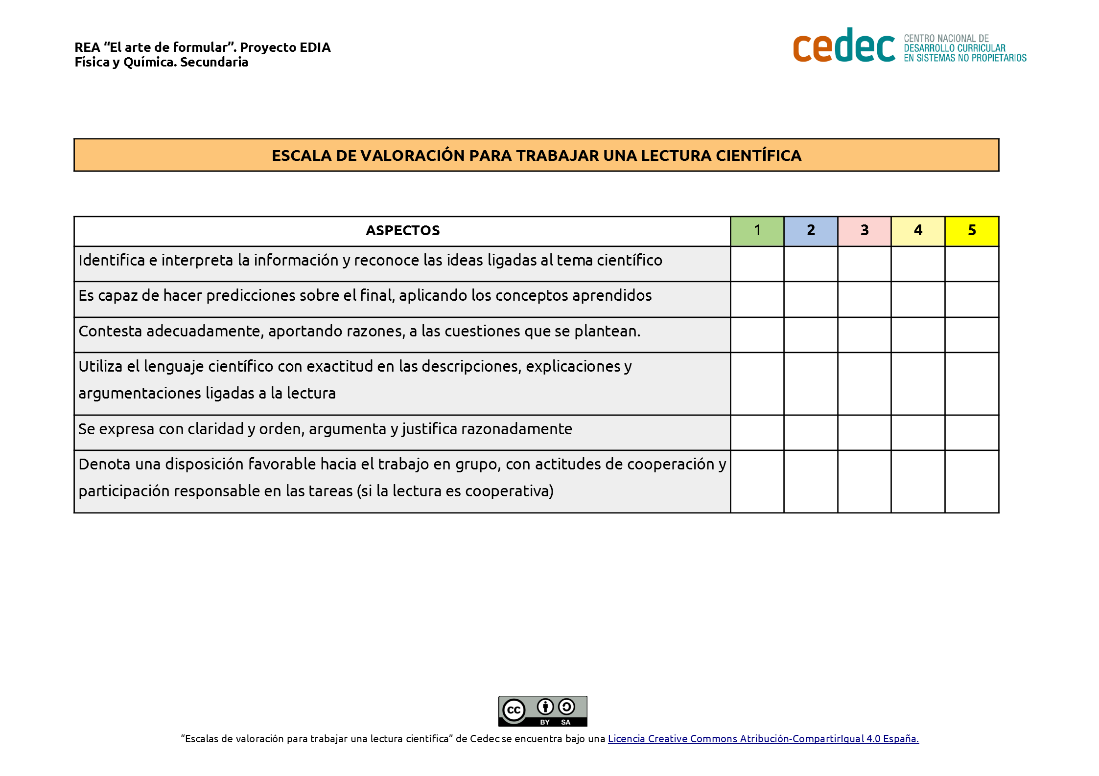 Imagen de Escala de evaluación para una lectura científica