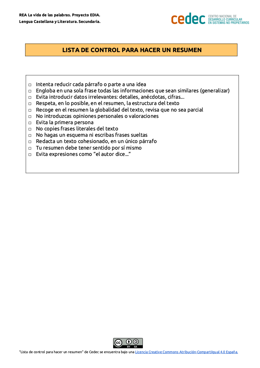 Imagen de Lista de control para la elaboración de un resumen