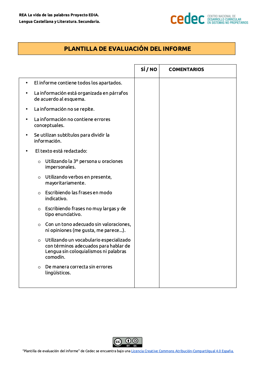 Imagen de Plantilla de evaluación de un informe
