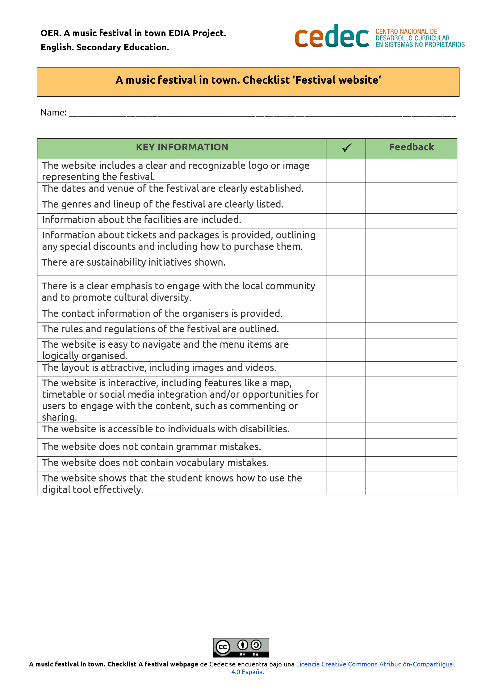 Imagen de Checklist to assess a festival webpage