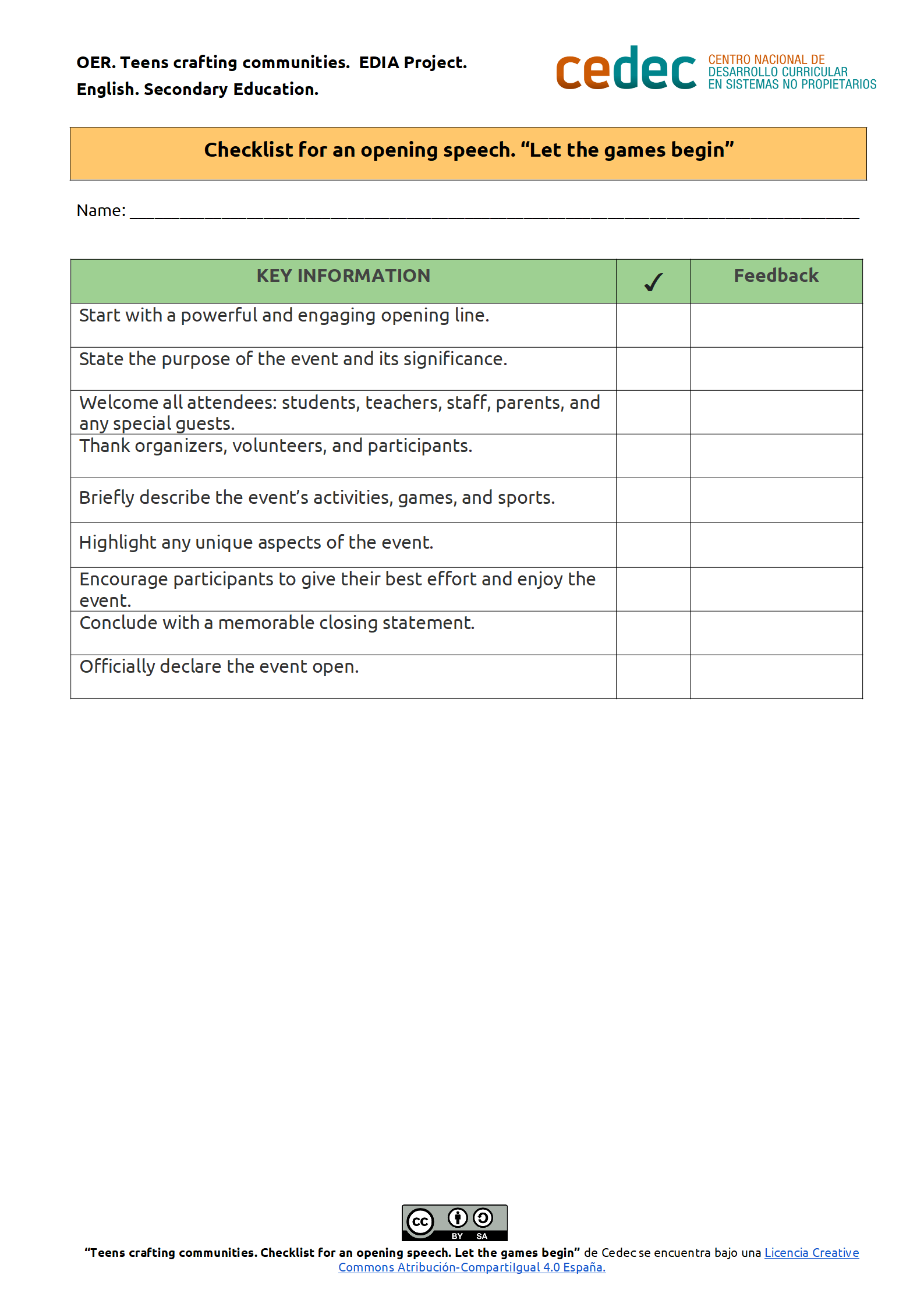 Imagen de Checklist to assess an opening speech