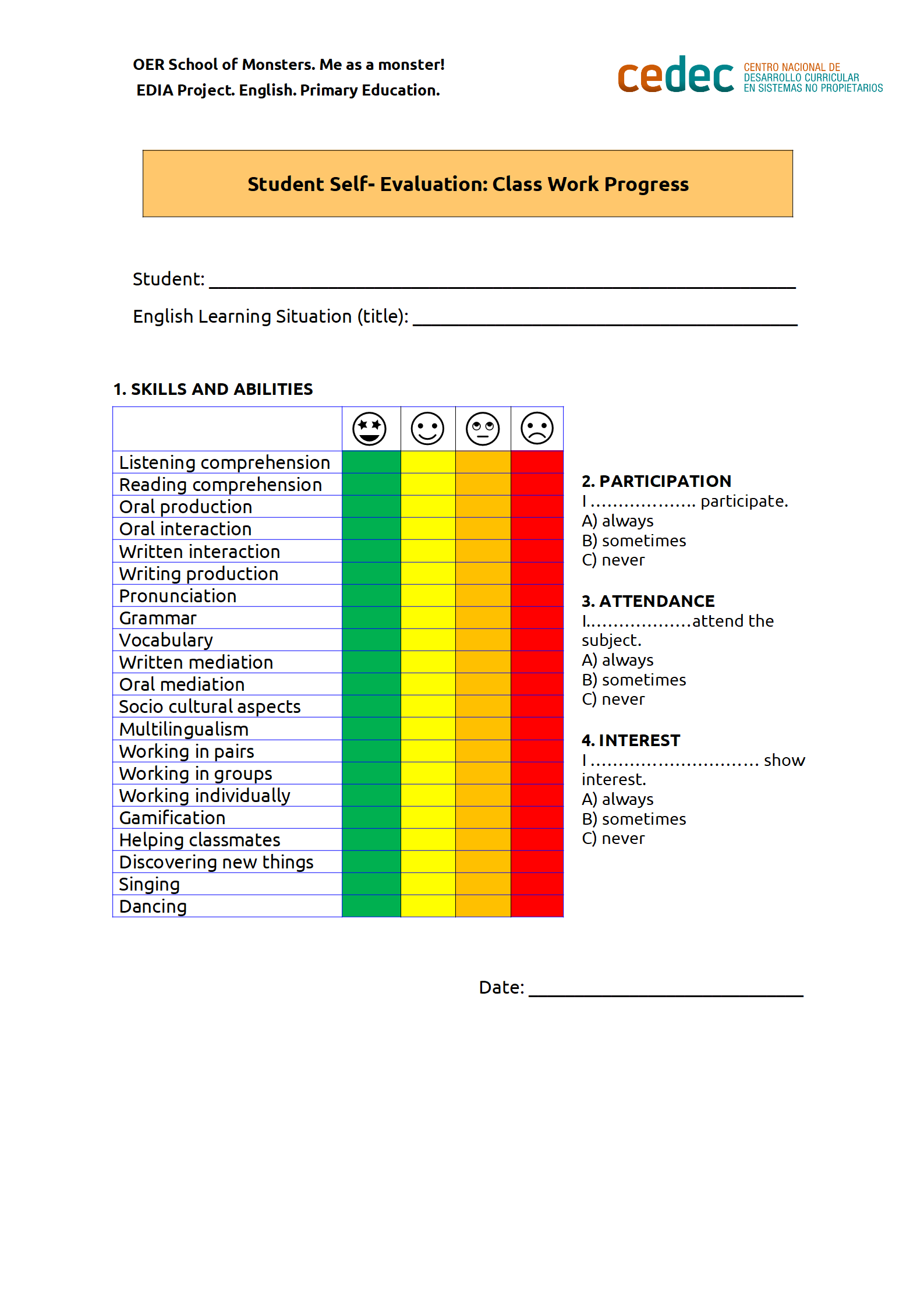 Imagen de Student Self- Evaluation: Class Work Progress