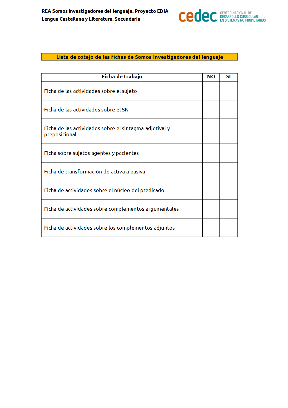 Imagen de Lista de cotejo (seguimiento) de las fichas de trabajo