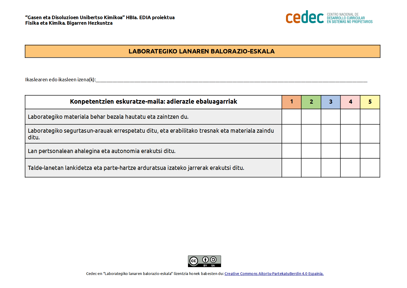 Imagen de Laborategiko lana balioesteko eskala