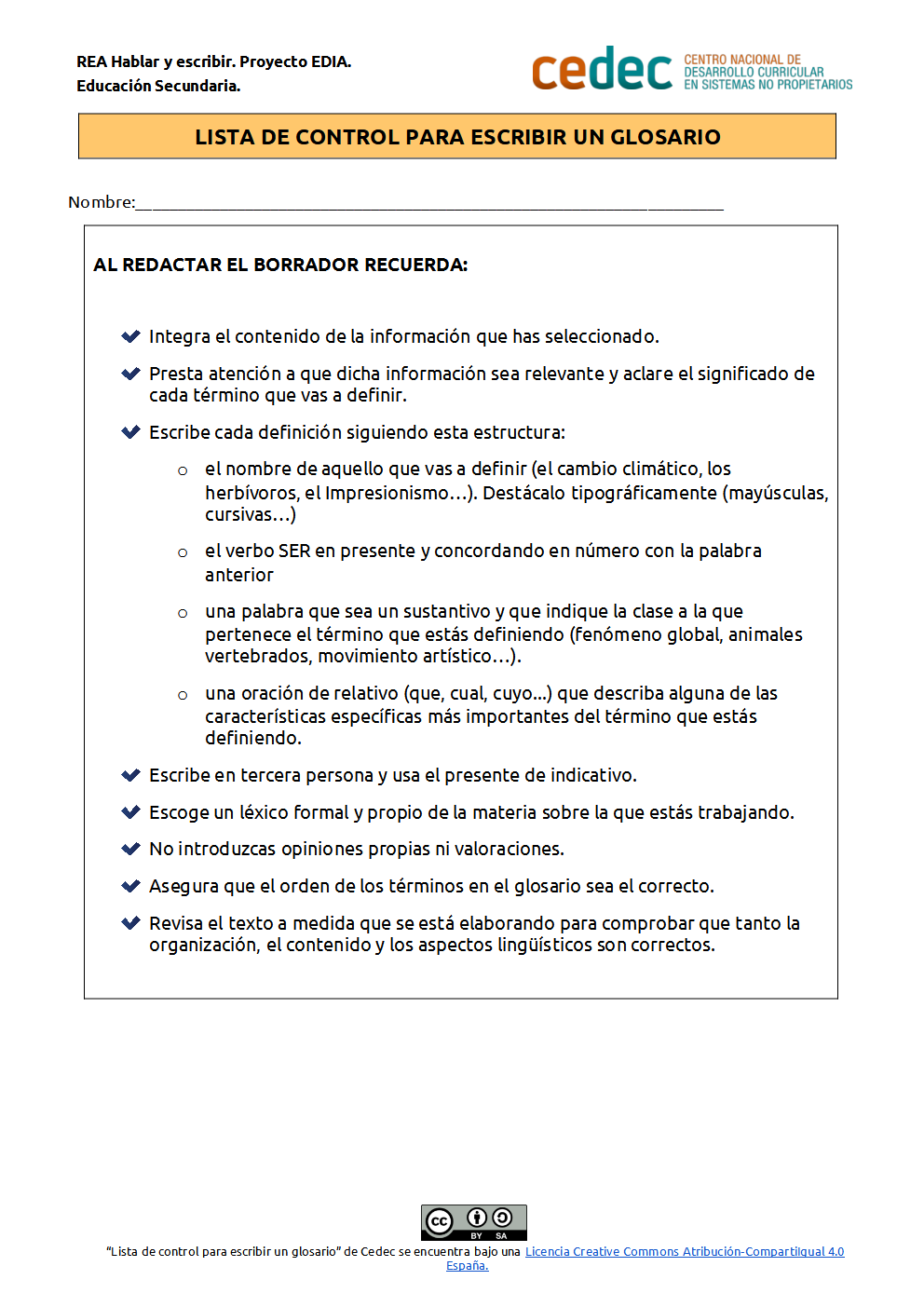 Imagen de Lista de control para hacer un glosario